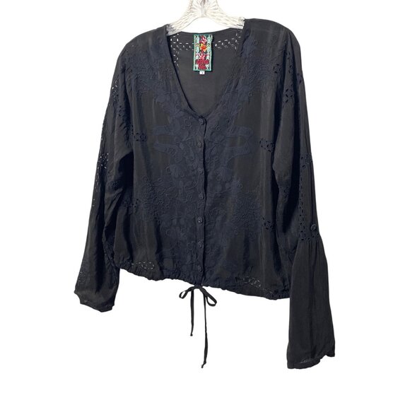 Johnny Was Black Embroidered Button-Front Blouse Roll Tab Sleeve Waist Tie Small - Picture 11 of 11